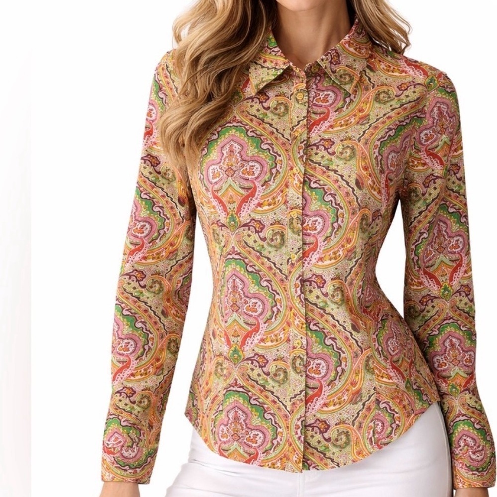 Talbots Stretch Paisley Vibrant Colors Button Down Shirt  10P